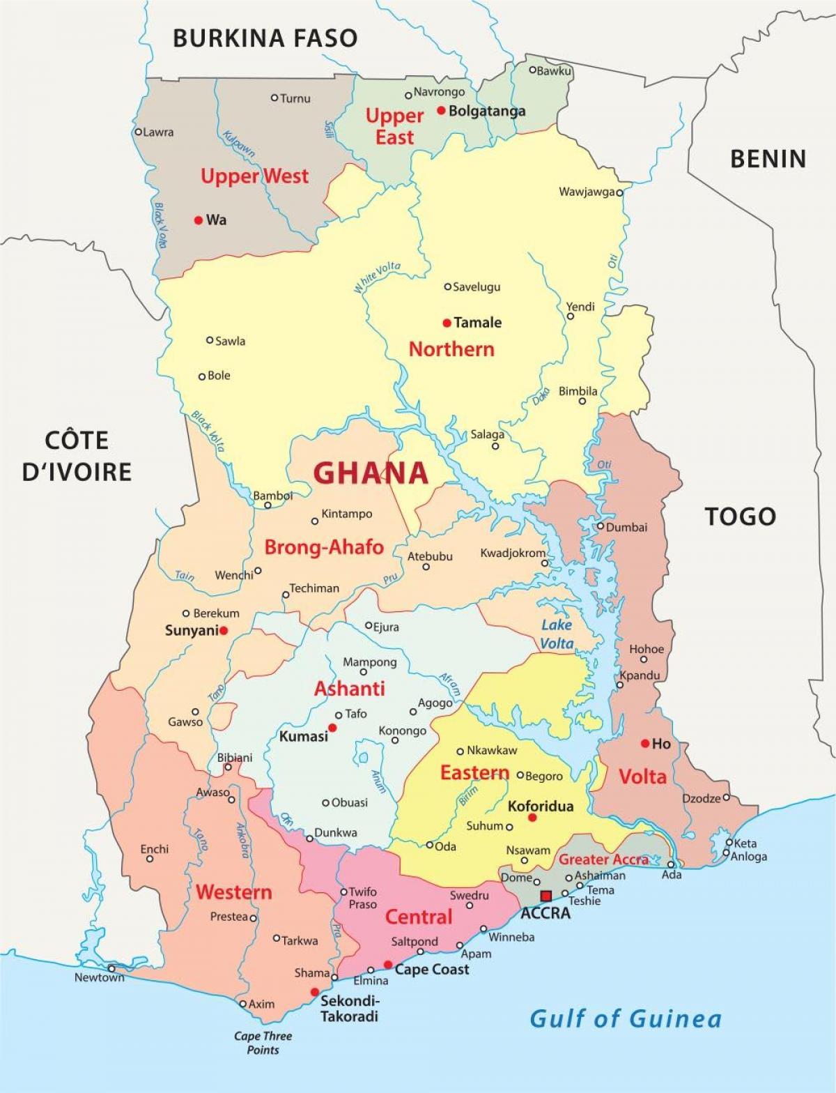 kart over ghana viser distriktene
